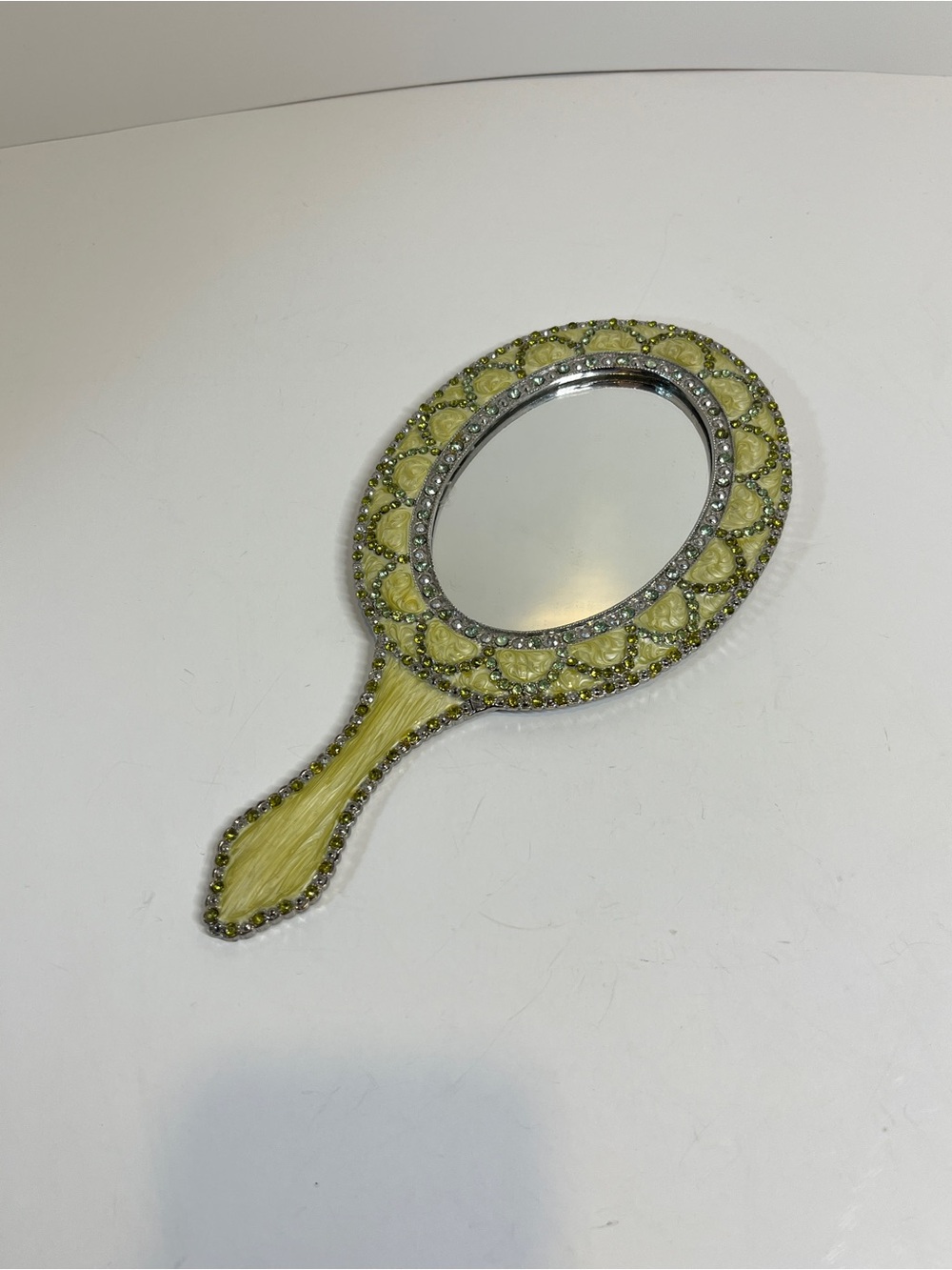 Vintage Jewelled Hand Held Vanity Mirror Green Jewels Silver Yellow Victorian